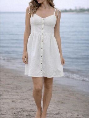 aerie White Button-Front Tie-Shoulder Mini Dress